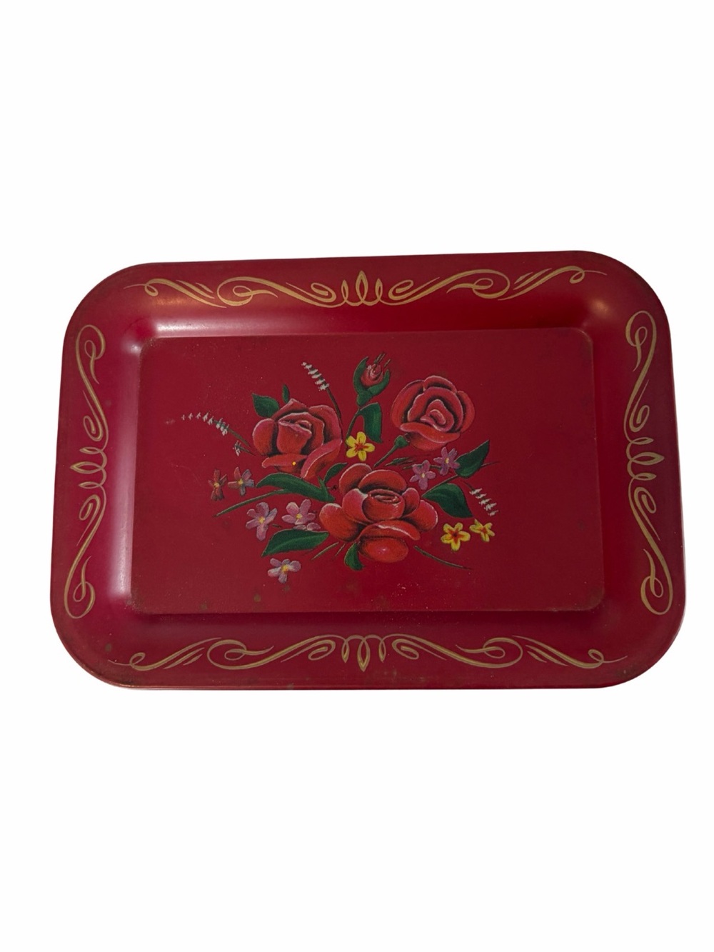 Vintage Small Red Toleware Metal 7” Trinket Tray with Floral Motif